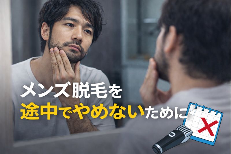 alt="ヒゲと腕毛が濃い男性が鏡を見ながら、メンズ脱毛を途中でやめるか悩んでいる様子