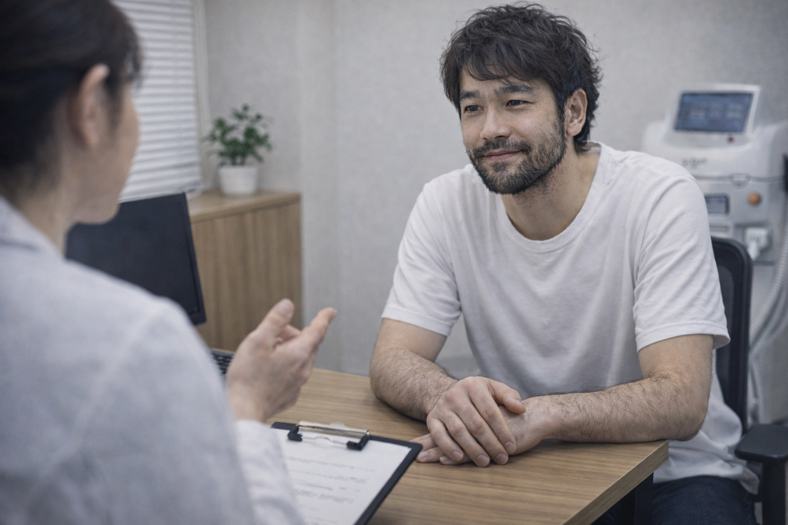 医療脱毛の個室カウンセリングで、男性がリラックスしながら真剣に相談している様子
