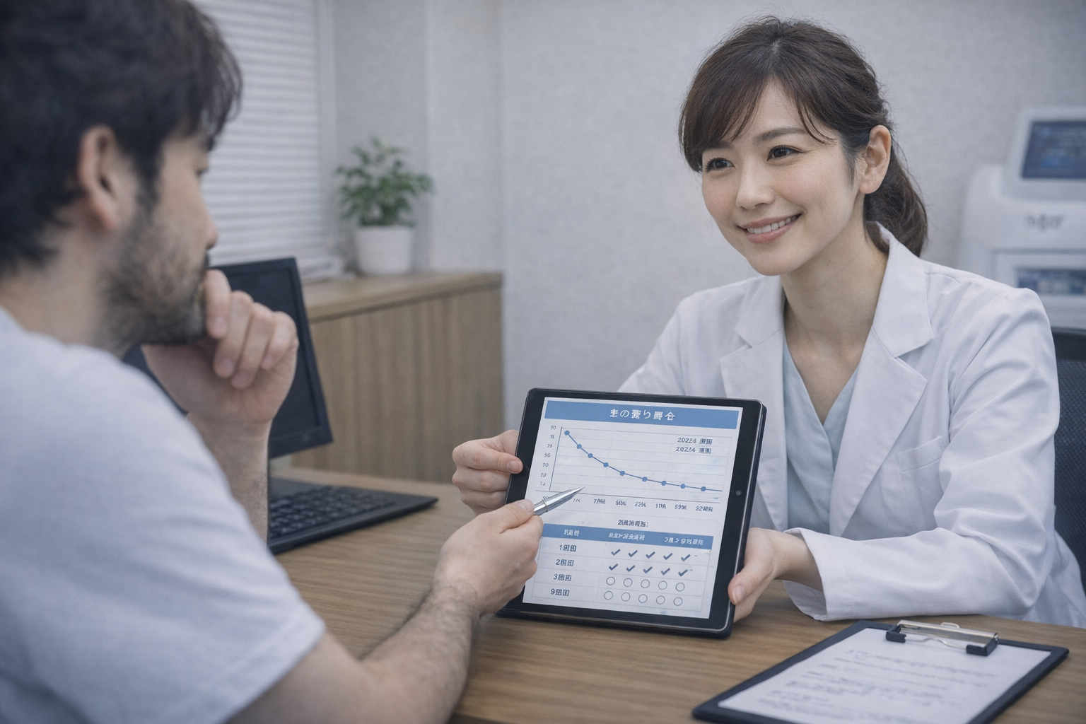 女性カウンセラーがデータを見せながら、男性の不安を整理して安心させている様子