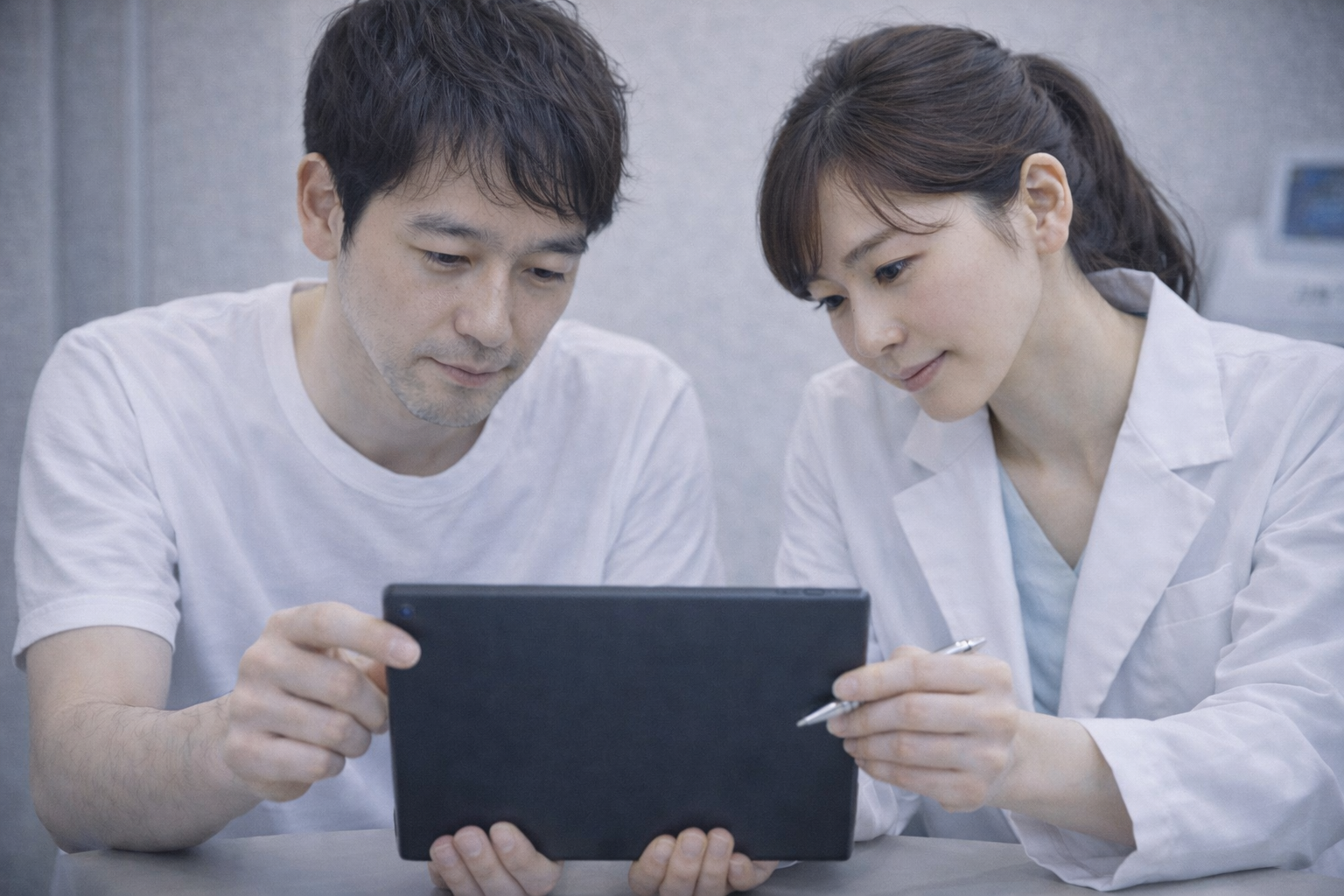 ムダ毛が薄くなった男性が女性カウンセラーと一緒にデータを見ながらゴールを確認している様子