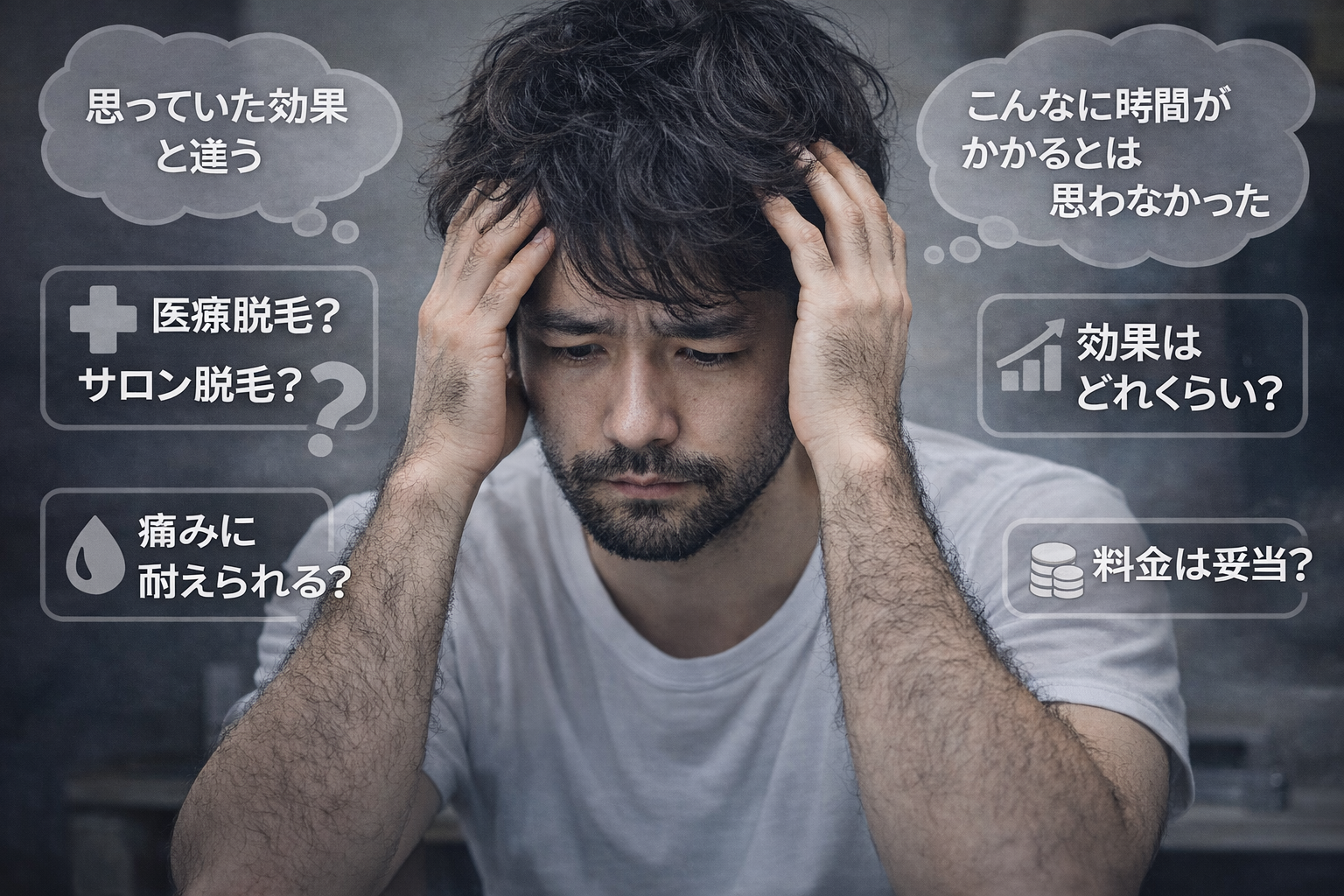 ヒゲと体毛が濃い男性が、医療脱毛かサロン脱毛かを比較して迷っているイメージ